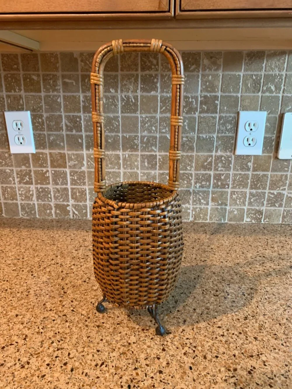 Woven Rattan and Bamboo Basket on 3 Footed Stand Vintage Ikebana Japanese Style